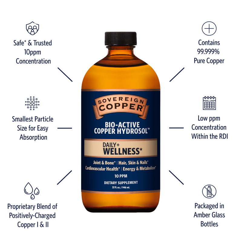 Sovereign Bio-Active Copper Hydrosol — Bioavailable Copper Liquid for Adults & Kids (32 fl oz)