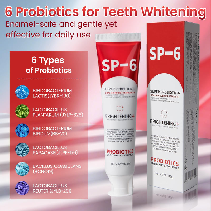 SP-6 Probiotic Whitening Toothpaste - 2 Pack, Fluoride-Free, Enamel-Safe Mint 4.9oz