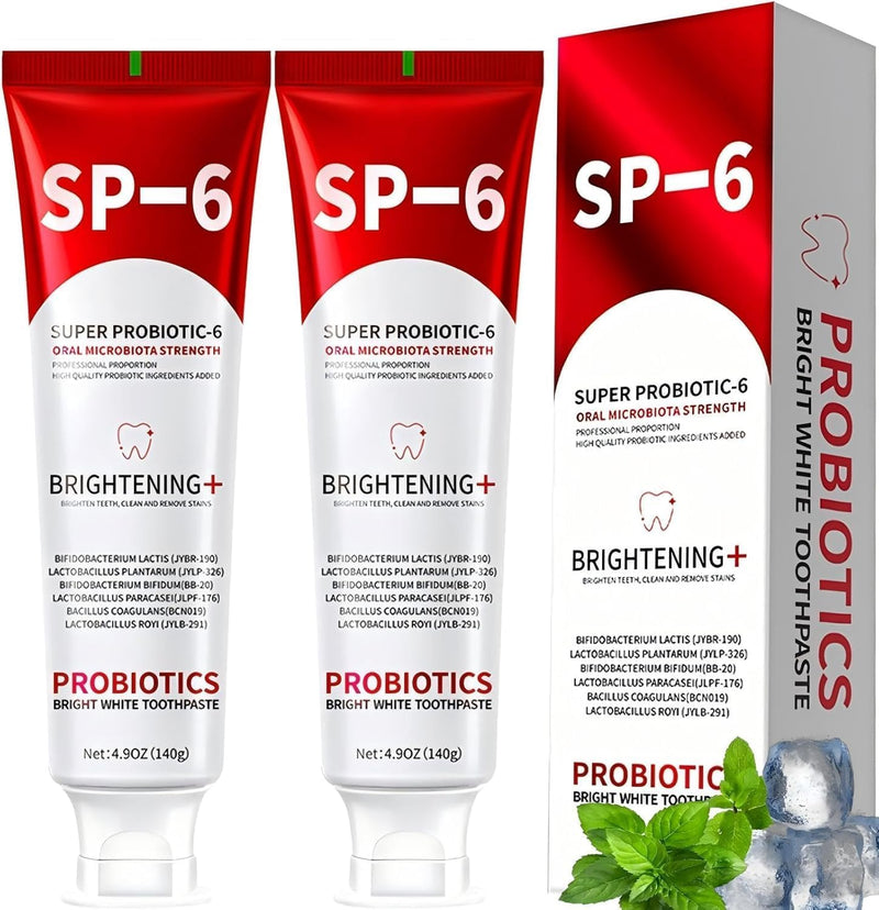 SP-6 Probiotic Whitening Toothpaste - 2-Pack, 4.9 oz Each | 6 Probiotics, Enamel Protection, Fluoride-Free, Fresh Mint