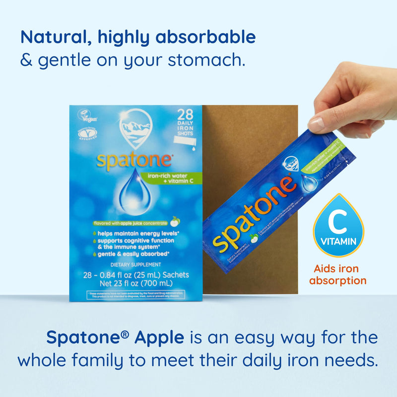 Spatone Apple Liquid Iron + Vitamin C – 2 Pack (Ages 4+), 5 mg/20 mL Sachet, Vegan