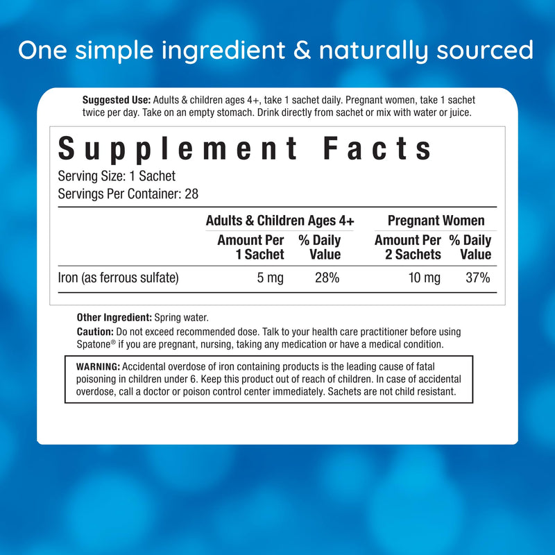 Spatone Natural Liquid Iron Supplement for Women, Men & Kids 4+ | 5 mg per 20 mL Sachet