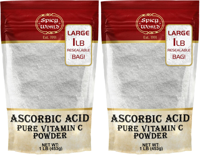 Spicy World Ascorbic Acid 1 LB Bulk Bag - Pure Vitamin C Powder - 100% Pure, Food Grade, Can be Used for Canning, Fruit, Pools - USP Grade (Pack of 2)