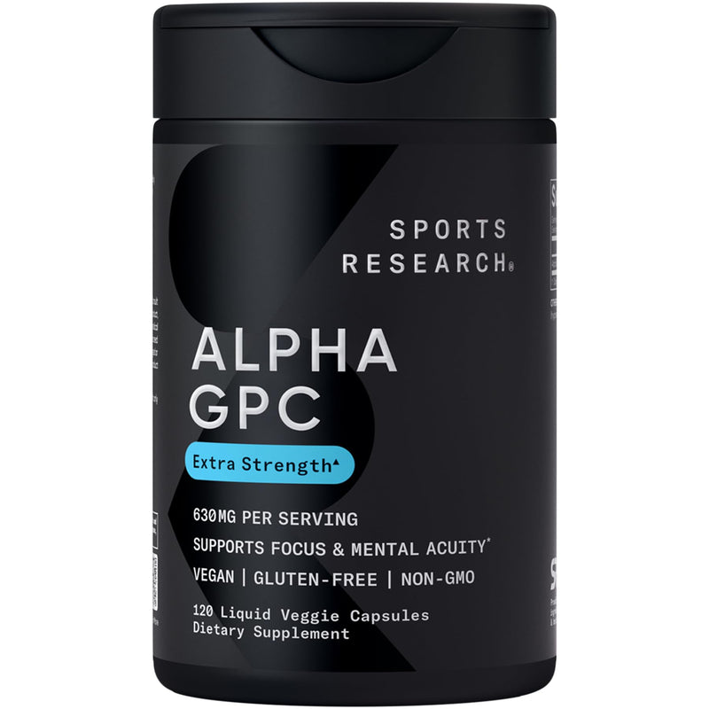 Sports Research® Alpha GPC 630mg (Extra Strength) – Bioavailable Choline for Focus & Cognitive Support | Vegan • Non-GMO • Gluten Free – 120 Liquid Capsules