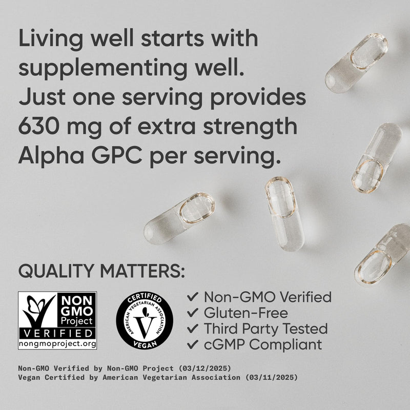 Sports Research® Alpha GPC 630mg Extra Strength – Focus & Cognitive Support – 60 Veggie Capsules