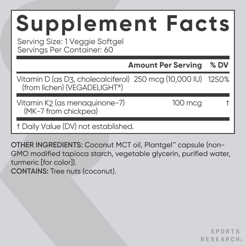 Sports Research Vitamin D3 + K2 | 10,000 IU Plant-Based D3 + 100 mcg MK-7, 60ct