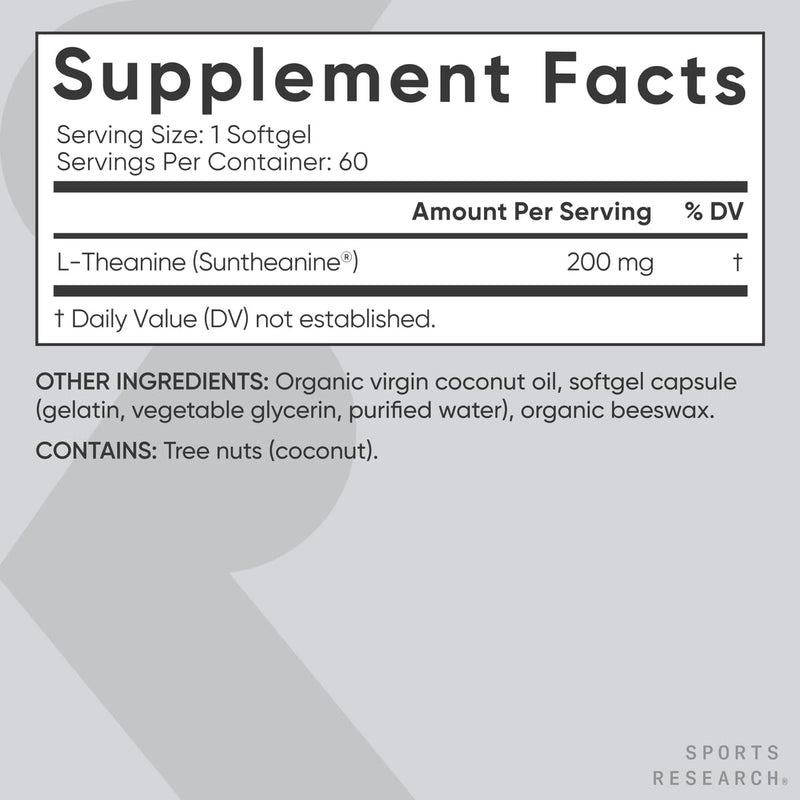 Sports Research Double Strength L-Theanine – Suntheanine Softgels, 200mg, 60 Count