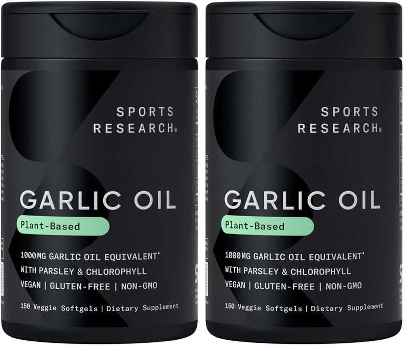 Sports Research Odorless Garlic Oil Pills 1000mg with Parsley & Chlorophyll – Non-GMO, Vegan, Gluten Free (2 x 150 Plant Gels)