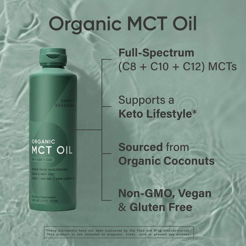 Sports Research Organic MCT Oil 32oz – Full Spectrum C8/C10/C12 from Coconut (Unflavored)
