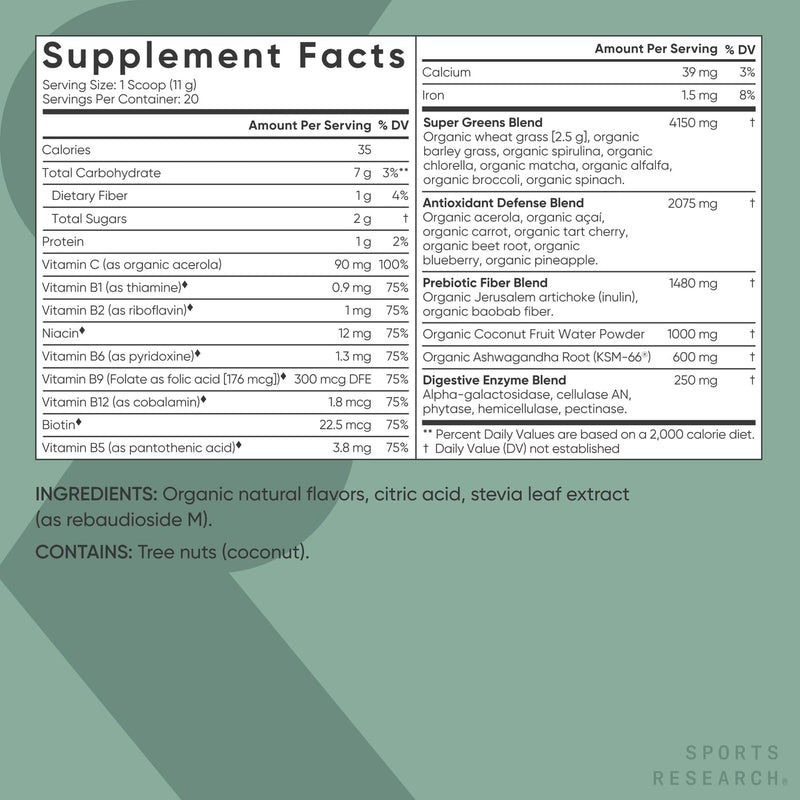 Sports Research Organic Pineapple Coconut Greens – Digestive Health, Natural Energy & Mood Support*, 20 Servings