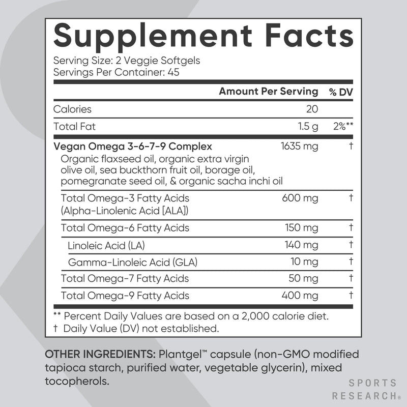 Sports Research Vegan Omega 3-6-7-9 1200 mg - 90 Veggie Softgels | Multi-Spectrum