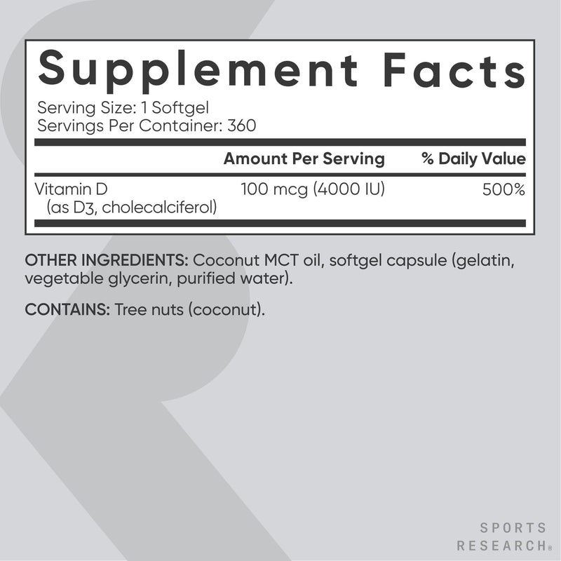 Sports Research Vitamin D3 4000 IU with Coconut MCT Oil - 360 Softgels | Gluten Free, Non-GMO, Soy Free