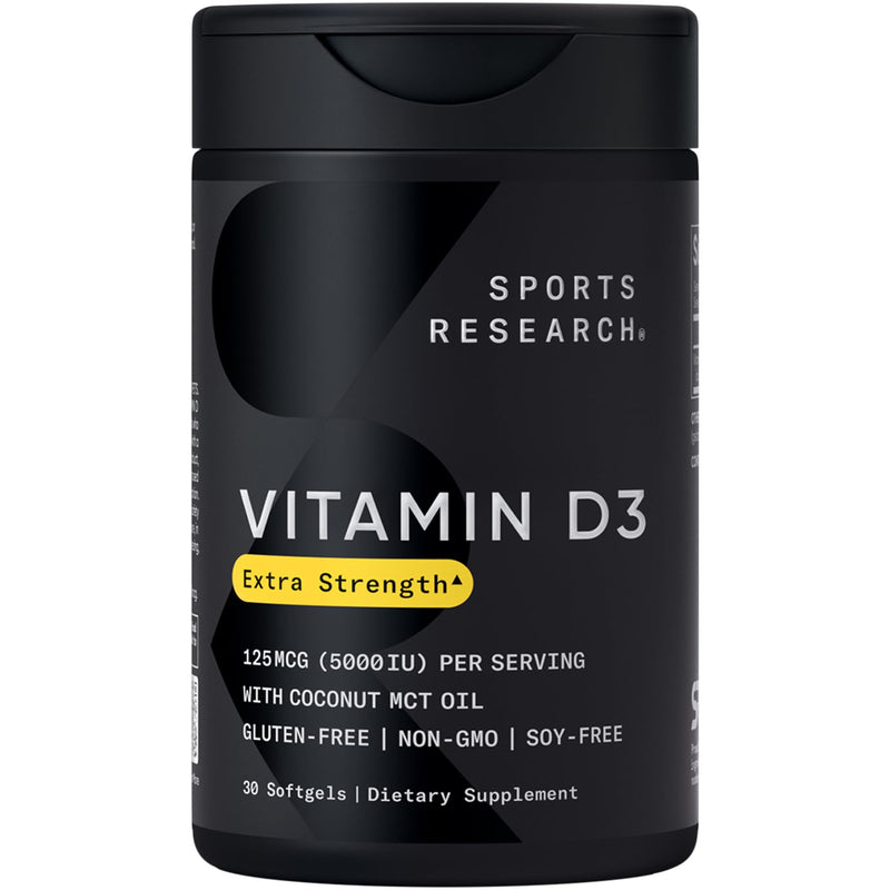 Sports Research Vitamin D3 5000 IU with Coconut MCT Oil – Extra Strength D3 Softgels, Non-GMO, Gluten & Soy Free, 30 Softgels