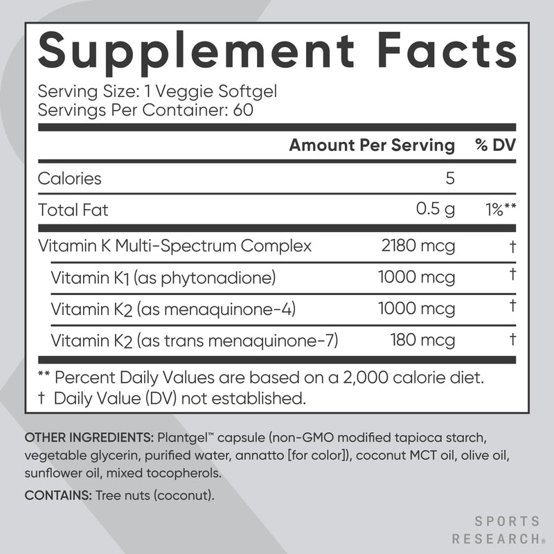 Sports Research Vitamin K Multi-Spectrum - 60 Softgels | K1, K2 MK-4 & MK-7
