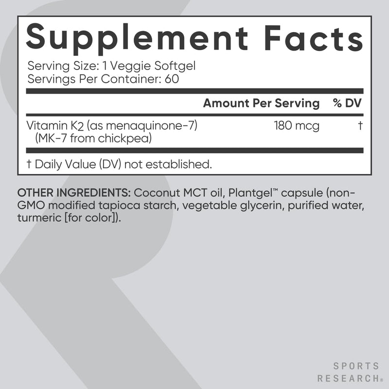 Vitamin K2 MK7 180mcg with Coconut Oil – 60 Veggie Softgels | Sports Research