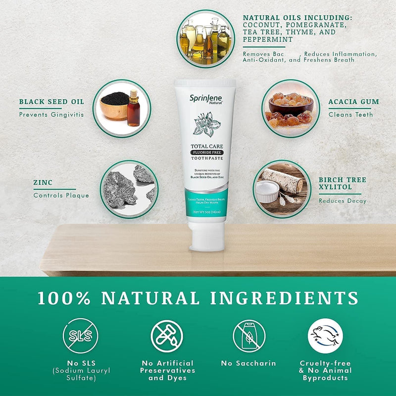 SprinJene Natural Total Care Fluoride Free Toothpaste – Patented Formula with Black Seed Oil & Zinc – Dry Mouth Toothpaste for Fresh Breath & Strong Teeth – Made in The USA (4 Pack)