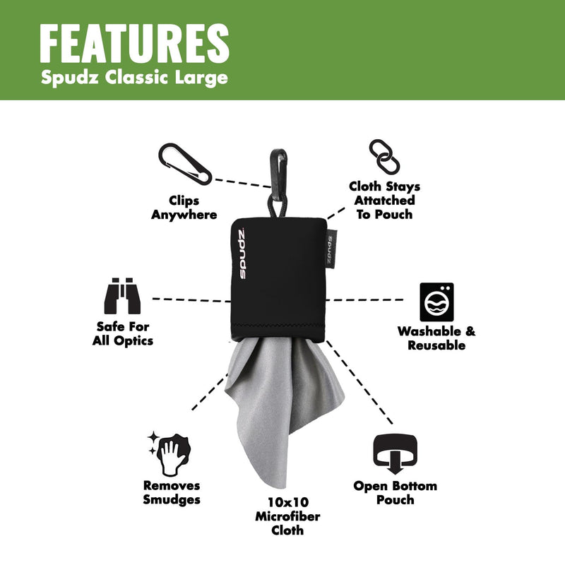 SPUDZ Classic Microfiber Lens Cleaner – Clip-On Pouch, Washable – 10x10, Stealth Shadow