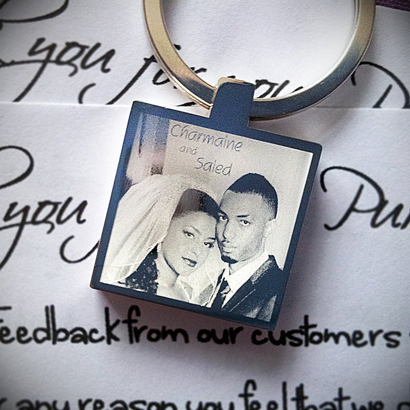 Engraved Square Keychain – Custom Photo Keyring With Mirror Finish & Velvet Pouch