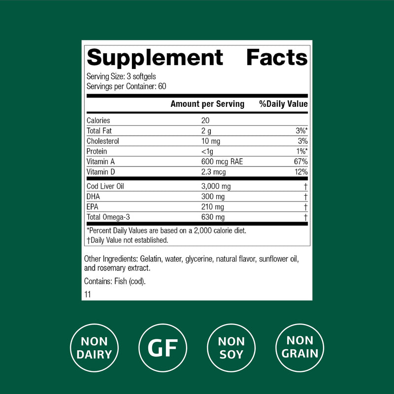 Standard Process Cod Liver Oil – Omega-3, Vitamins A & D for Skin, Eyes & Bone Health