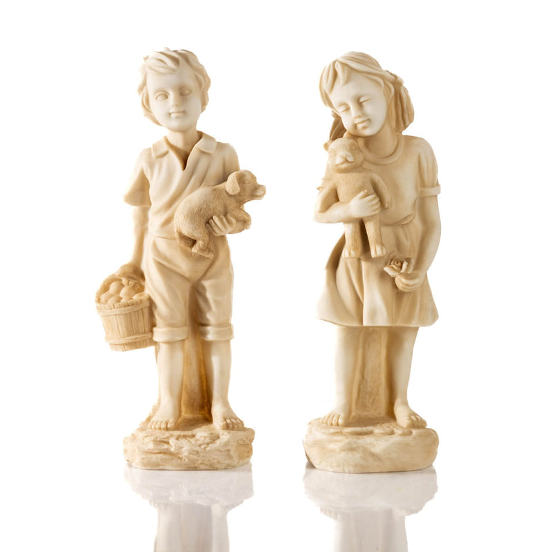 Standing Boy and Girl Garden Statues Set Stone Effect Resin Figures