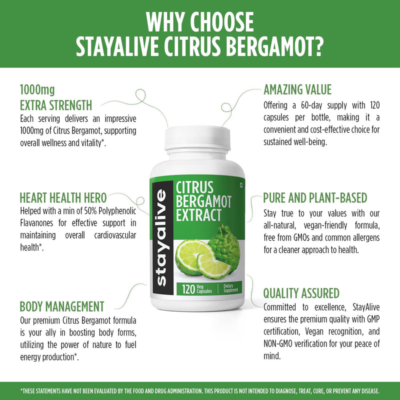 STAY ALIVE Citrus Bergamot 1000mg Capsules - 30:1 Extract, 120 Capsules | Heart Health, Non-GMO, Gluten-Free