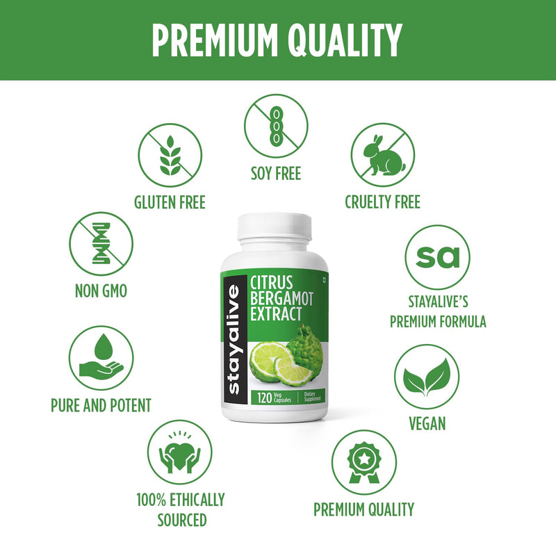 STAY ALIVE Citrus Bergamot 1000mg Capsules - 30:1 Extract, 120 Capsules | Heart Health, Non-GMO, Gluten-Free