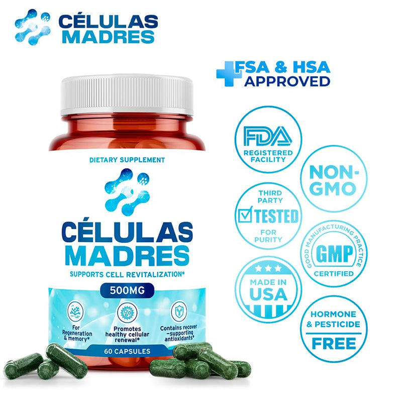 Stem Cell Supplements 500mg – Anti-Aging & Longevity (60 Caps) with Spirulina & Chlorella | Celulas Madre