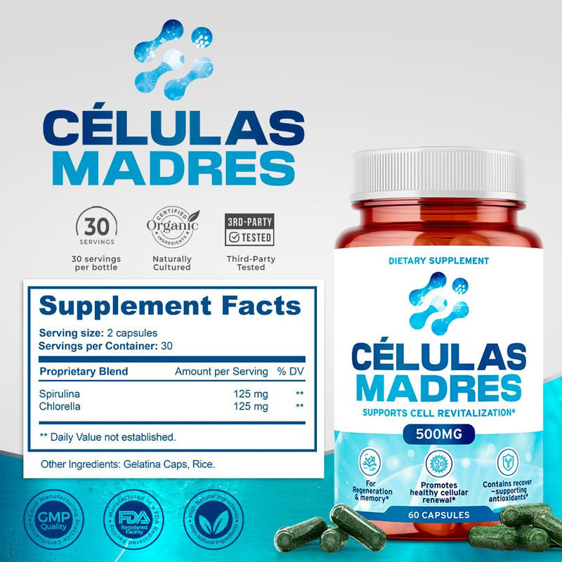 Stem Cell Supplements 500mg (180 Caps) – Anti-Aging & Longevity | Spirulina & Chlorella | Celulas Madre