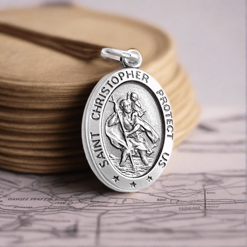 Sterling Silver Saint Christopher Oval Pendant – Engraved Travel Safety Necklace