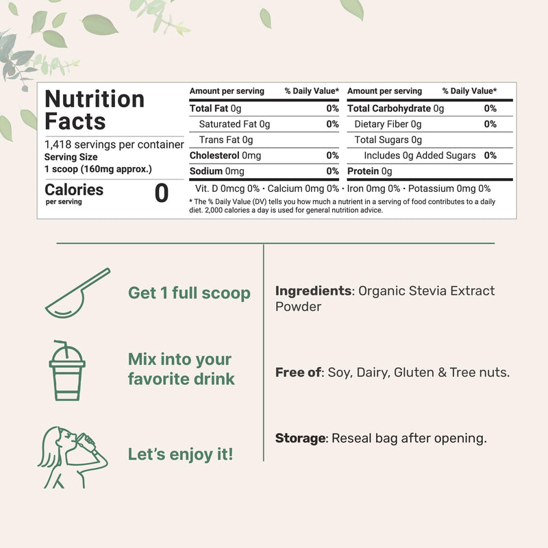 Pure Organic Stevia Powder 8 oz – Reb-A, Zero Calorie Keto Sweetener