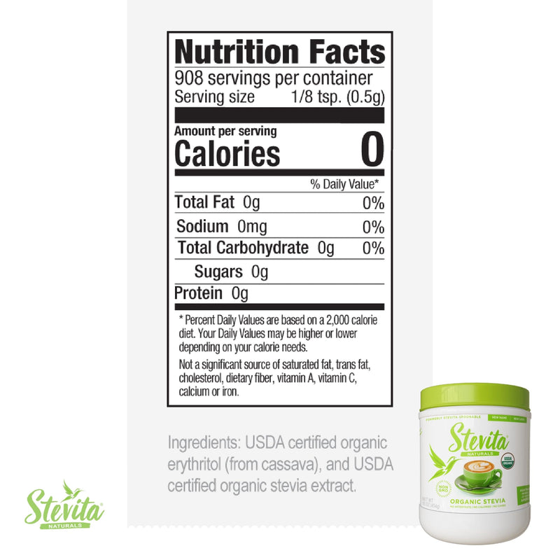Stevita Organic Stevia - 16oz | Zero Calories, All-Natural Sweetener, USDA Organic, Non-GMO, Vegan, Keto, Paleo, Gluten Free - 908 Servings