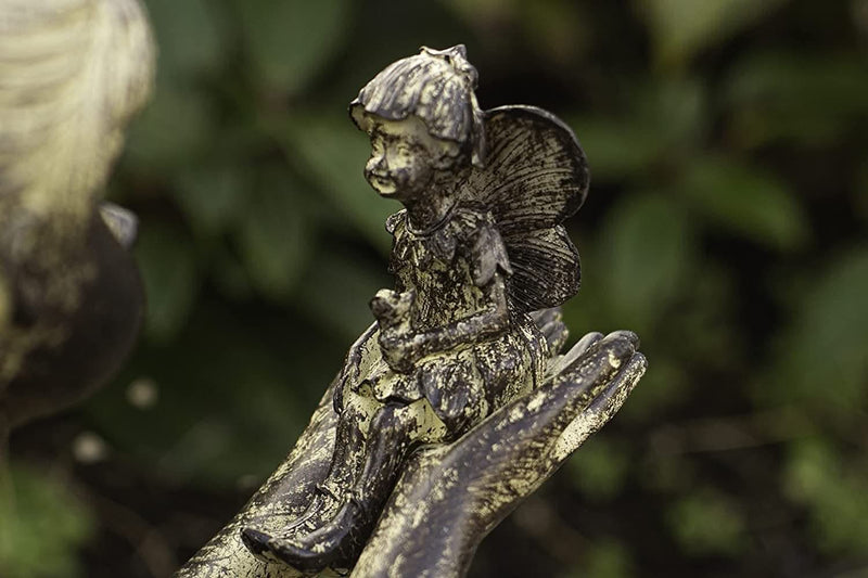Sitting Girl with Fairy Resin Garden Statue Stone Effect 23cm