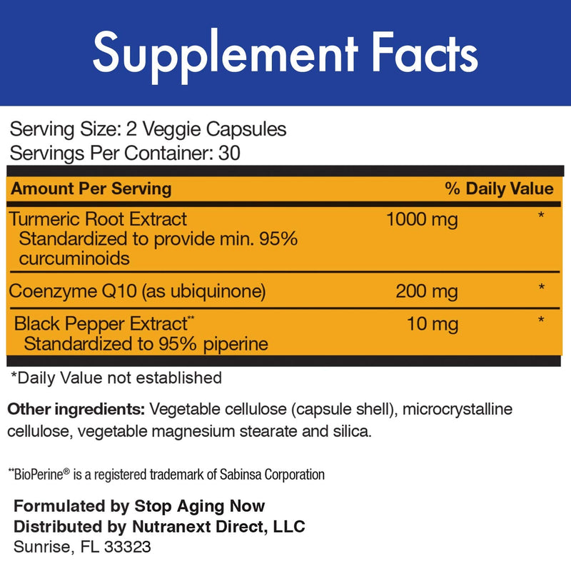 Stop Aging Now CUR-Q10 Ultra Complex - Curcumin2K & MAX-Q10, 60 Vcaps (3 Pack)