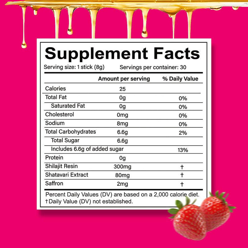 Shilajit Honey Sticks for Women – Strawberry Flavor | Energy, Balance & Focus | 30 Sticks