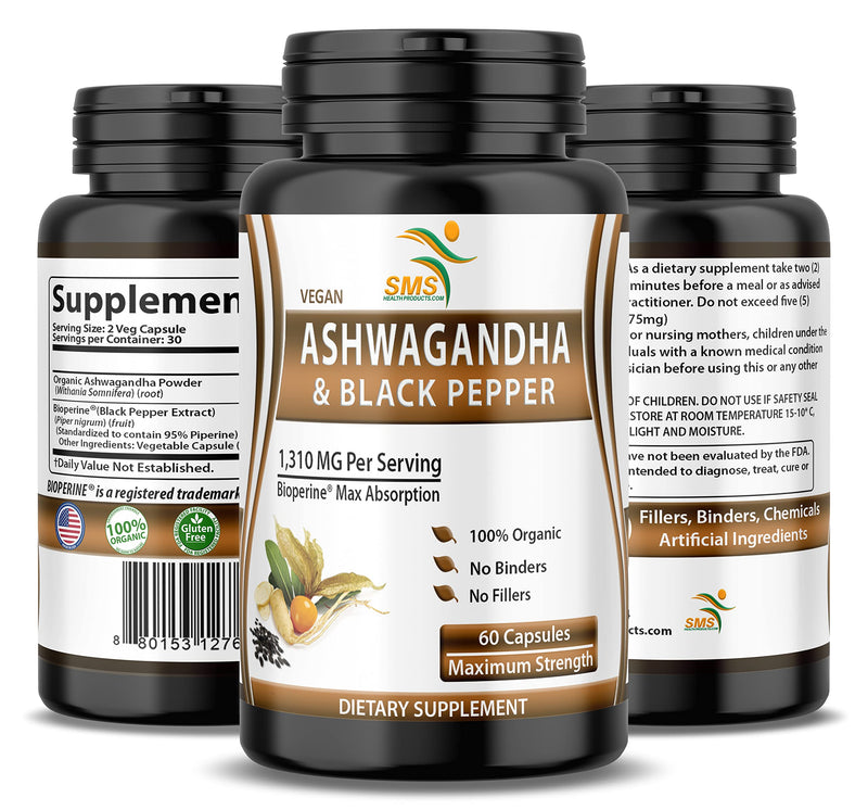 Ashwagandha Capsules with Black Pepper – Extra Strength for Stress, Focus & Mood (60 Capsules)