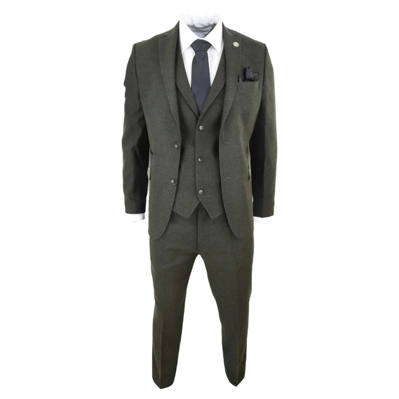 STZ11 - Men's Wool 3 Piece Suit Tweed Olive Green Black Classic