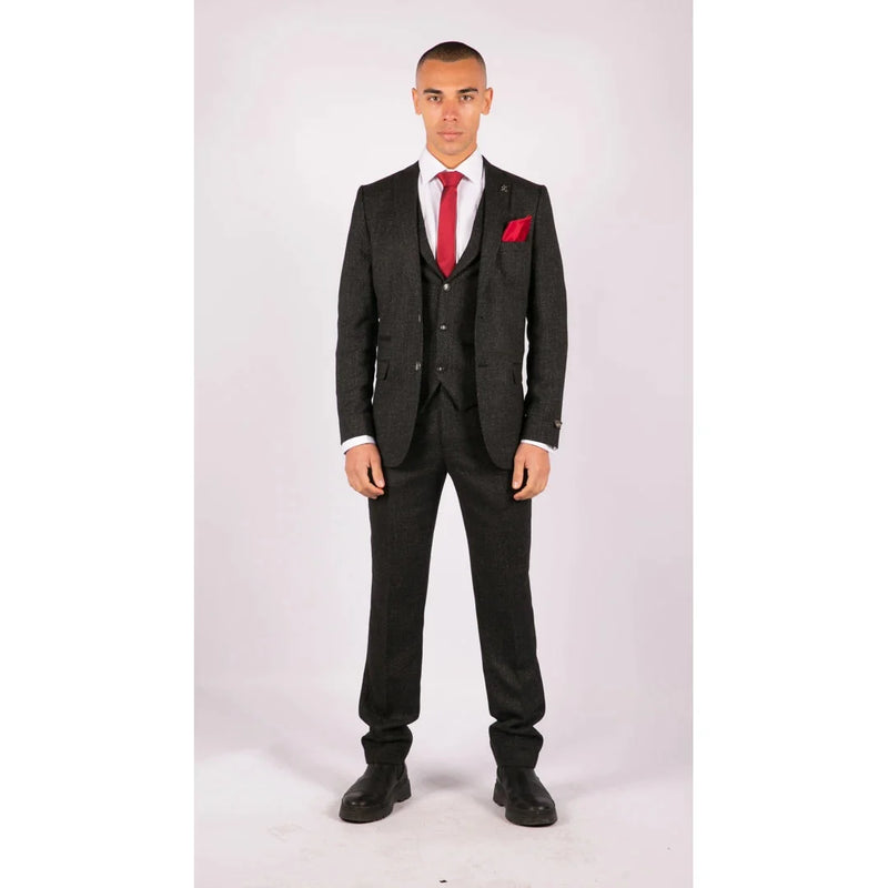 STZ14 - Men's Wool 3 Piece Suit Tweed Charcoal Black Classic