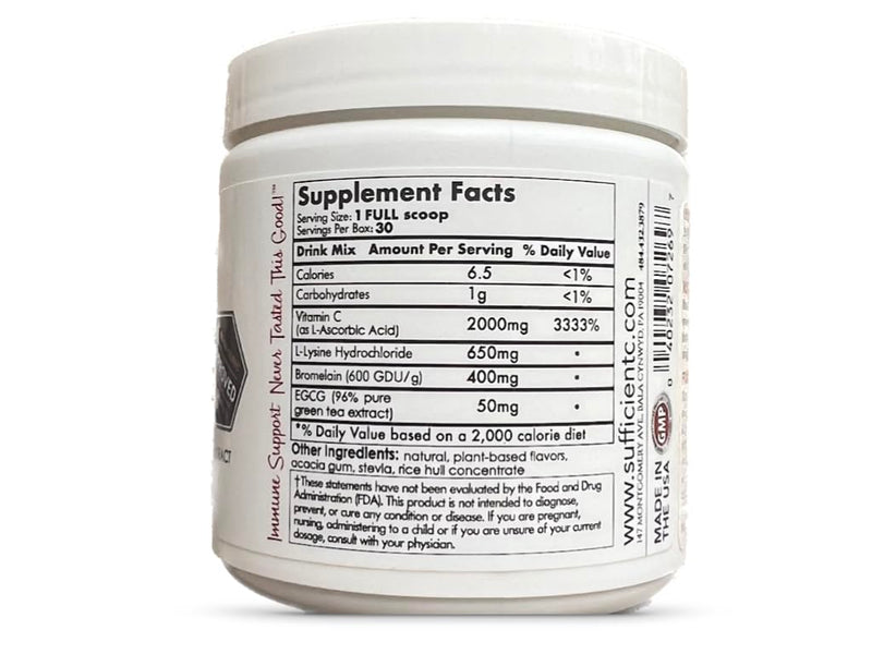 Sufficient-C High-Dose Vitamin C Lemon Peach Immune-Ade – 125g, Non-GMO