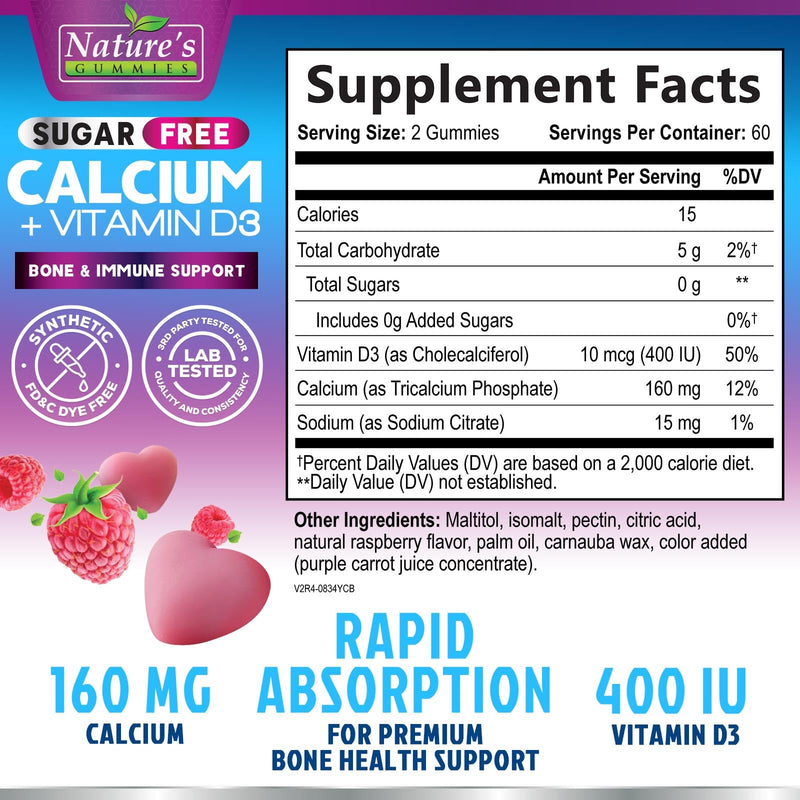 Calcium Gummies with Vitamin D3 (400 IU) - Sugar Free, 120 Count | Supports Immune Health & Bones