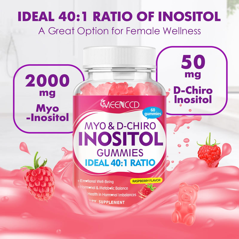 2-Pack Myo-Inositol and D-Chiro Inositol Gummies – 40:1 Ratio, Raspberry Flavor, 120 Count