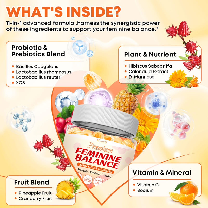 Sugar Free Feminine Balance Gummies for Women – Pineapple Flavor, pH Balance & Flora Support – Vegetarian Friendly – 60 Count