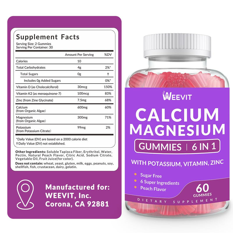 Sugar Free Calcium Gummies with Vitamin D3 & K2 – Vegan Algae Calcium, Calcium Magnesium Zinc, 2:1 Calcium:Magnesium