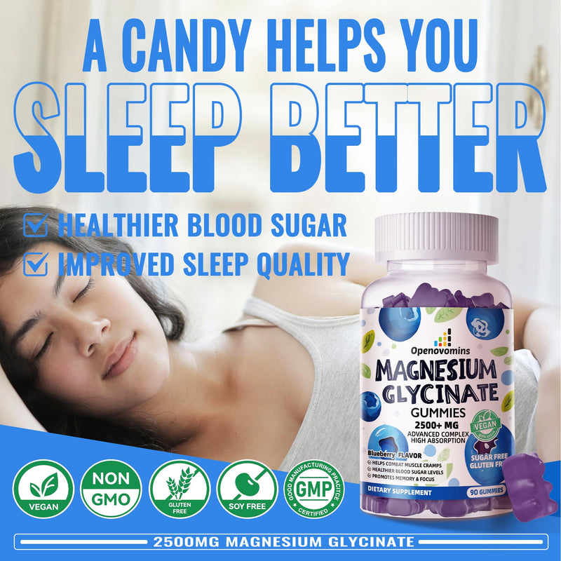 Magnesium Glycinate Gummies 2500mg - Sugar Free Calm Mood & Sleep Support (90 Blueberry)