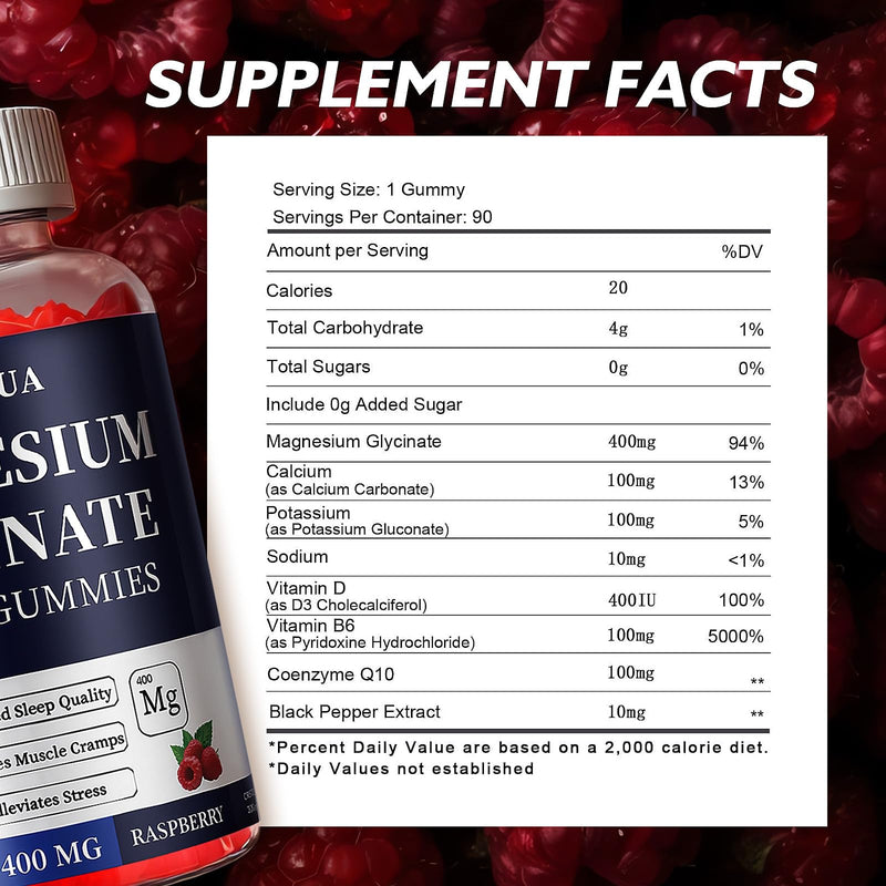 Magnesium Glycinate 400mg Gummies, Sugar Free Magnesium Gummies with Vitamins D, B6 for Sleep Support, Stress and Muscle Relief for Men and Women, 90 Count