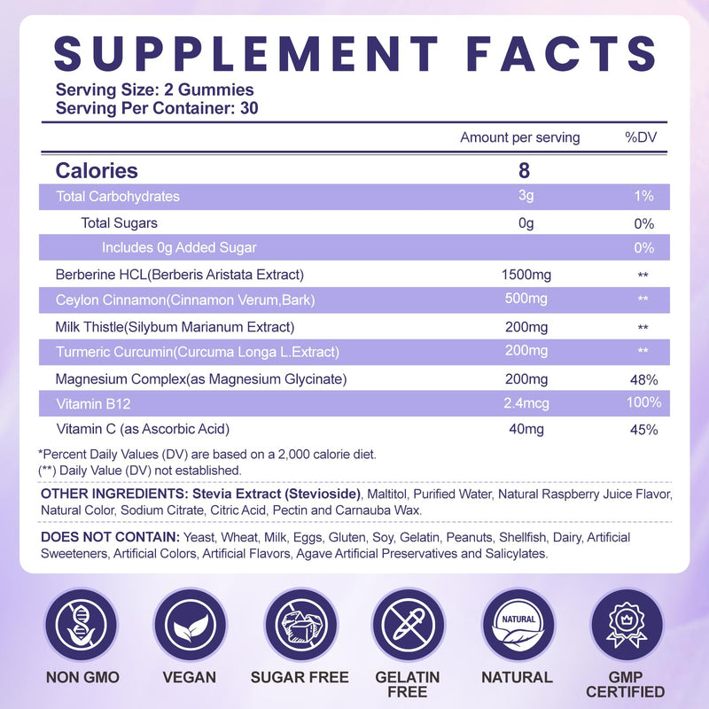 SugrGumi Berberine Gummies 1500mg – Vegan Sugar-Free Non-GMO | Immune & Metabolism Support | Raspberry