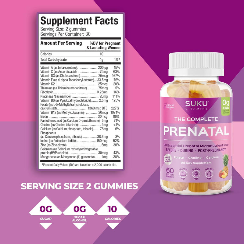 SUKU Prenatal Multivitamin Gummies – Folate, Calcium, Vitamin D3, B12, K2 | Sugar-Free, Vegetarian, Gluten-Free – Pineapple Peach Flavor – 60 Count