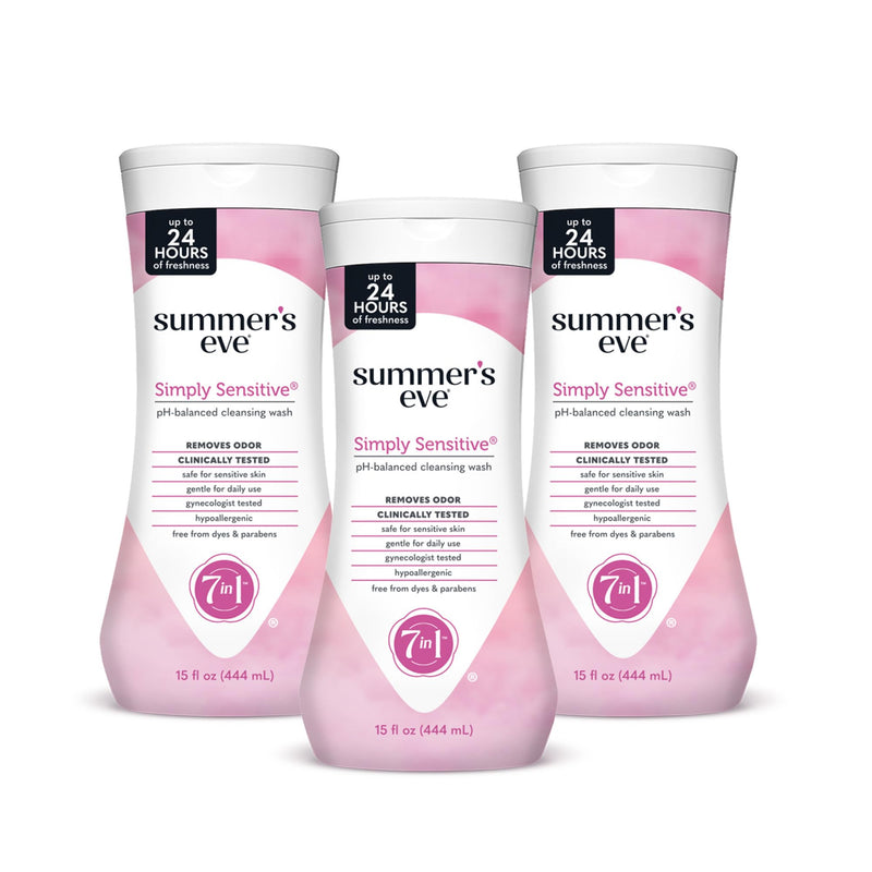 Summer's Eve Simply Sensitive Daily Gentle Wash – Gentle, pH-Balanced Body Wash for Women, Odor Control, 15 oz (Pack of 3)