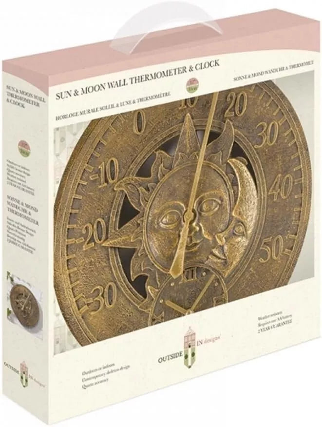 12 Inch Sun and Moon Wall Clock with Outdoor Thermometer 30cm