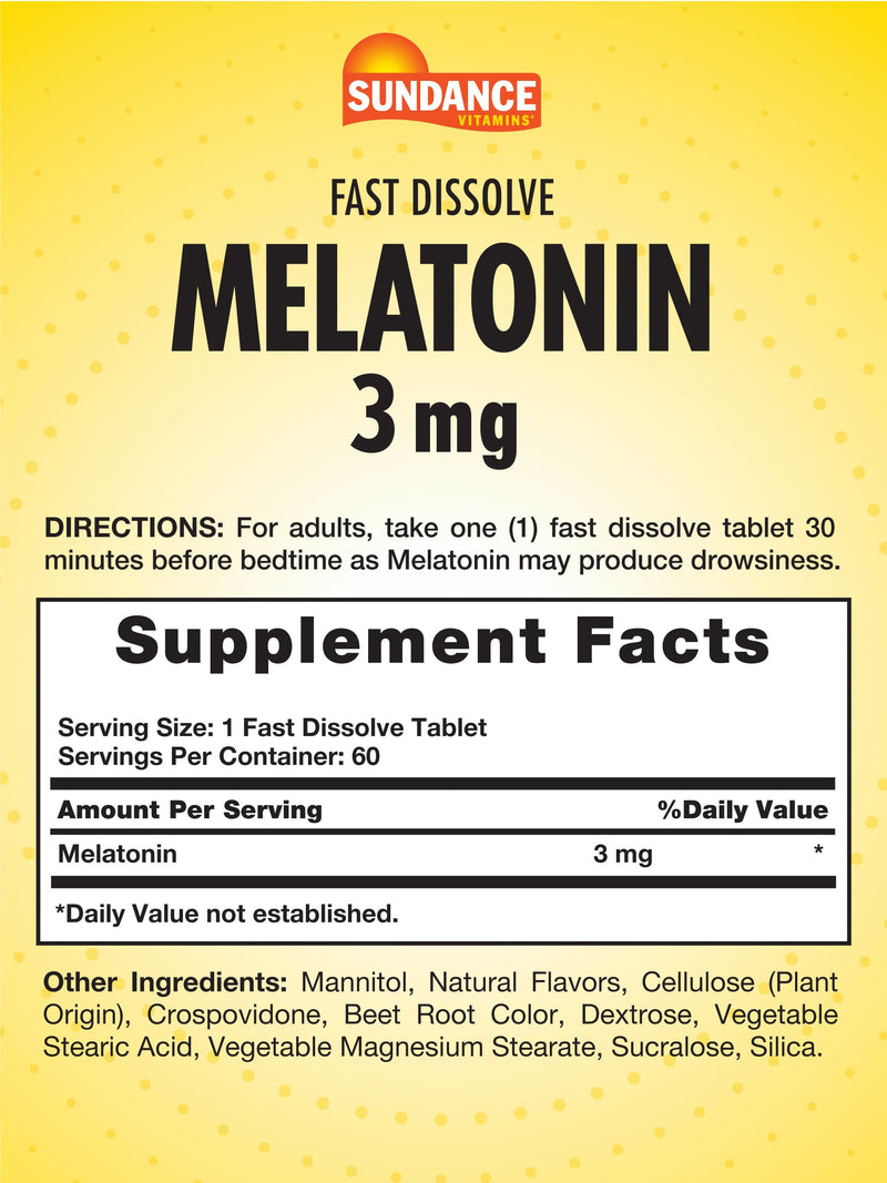 Sundance Melatonin 3mg Fast Dissolve – 60 Vegetarian Tablets | Berry Flavor | Gluten Free