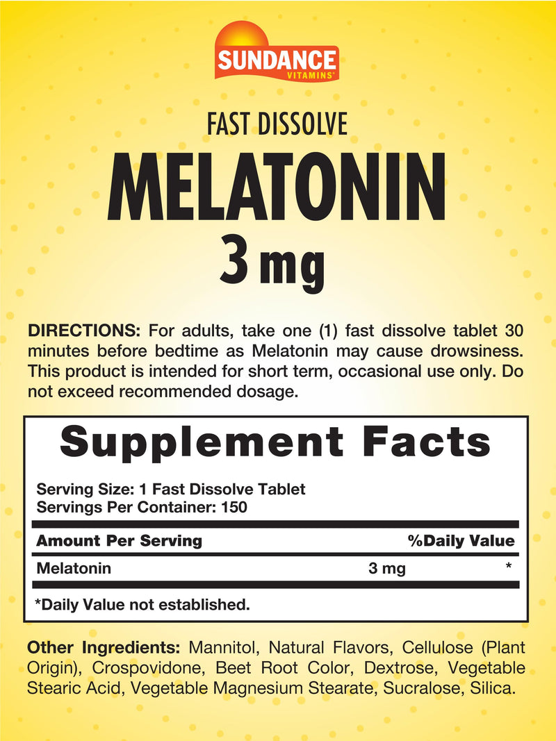 Sundance Melatonin Fast Dissolve 3mg – Berry Flavor, Vegetarian, Non-GMO, Gluten Free