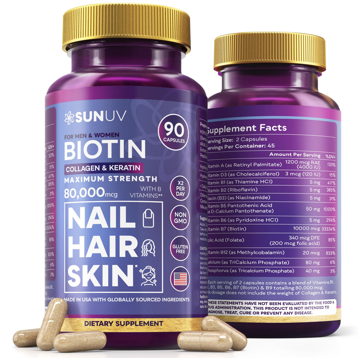SUNUV Biotin 10,000mcg | Collagen | Keratin - 80,000mcg Hair Growth Vi ...